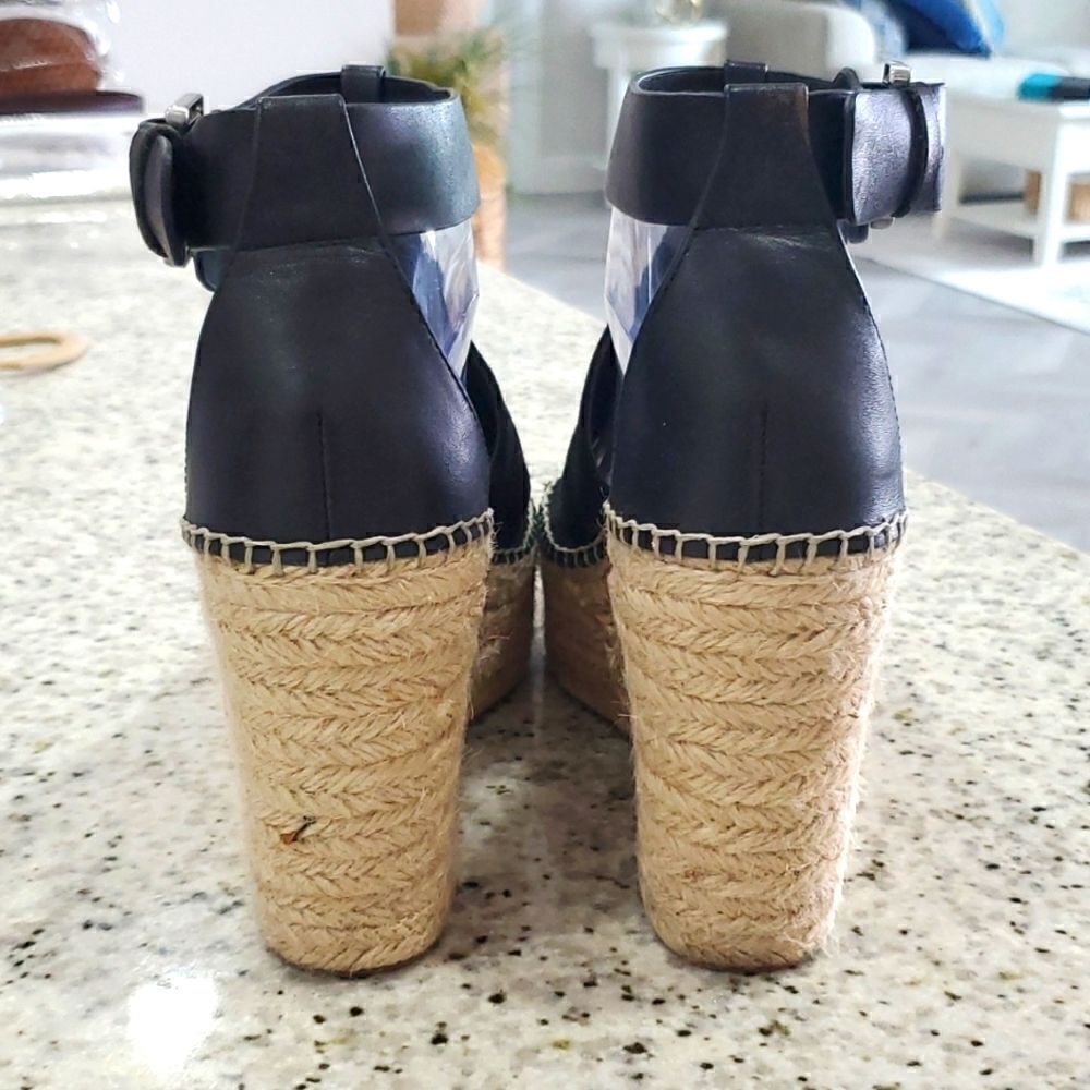 Marc Fisher Melanie, Leather Black Wedge Sandals Size 8.5 - Picture 4 of 7